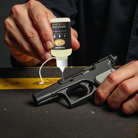 Applying All In One Gun Lube And Cleaner Kit With Two Oz And One Oz Needle Oiler For Quick Cleaning on a firearm slide