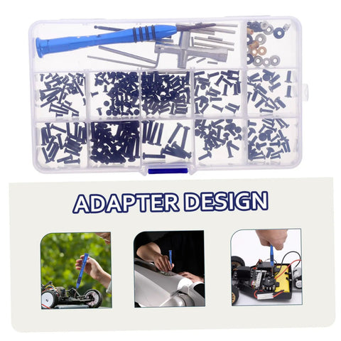 Rc Car Screw Tool Kit With Compact Storage Box, Gasket And Replacement Fasteners, showing tools and fasteners for repairs