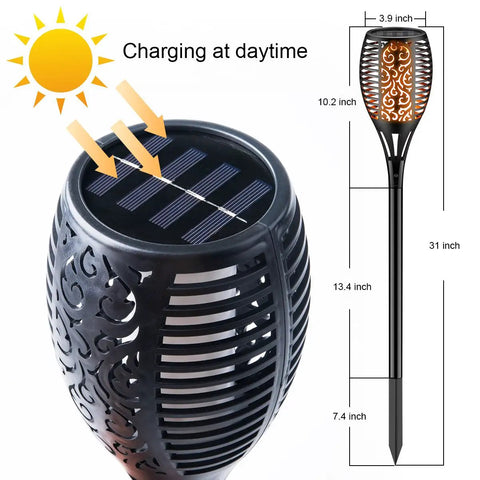 Solar Torch Light With Flickering Flame Dancing Flame Outdoor Lanterns Waterproof showing solar panel charging