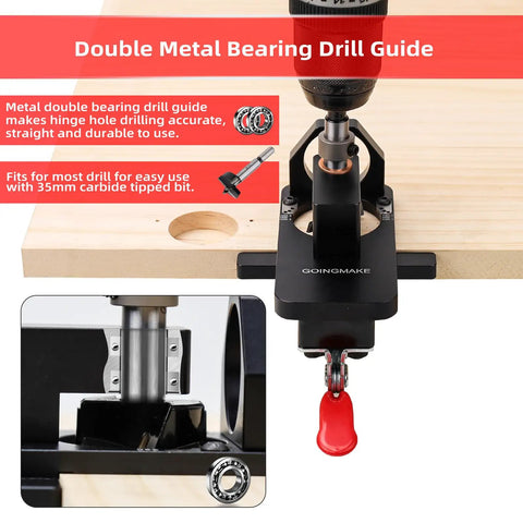 Compact Metal Concealed Hinge Jig With Quick Clamp For 35mm Cabinet Hinges featuring drill guide and dust adapter.