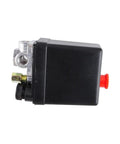 Side view of Air Compressor Pressure Switch Replacement Valve 90-120 PSI 240V Auto On Off Red Knob Easy Install.