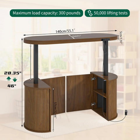 Electric Standing Desk With Storage 55 By 22 Inch Sit Stand Workstation In Walnut Wood, Adjustable Height From 28.35 To 46 Inches