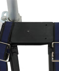 Close-up of adjustable drywall stilts' sturdy straps and heel plates, featuring lightweight aluminum build and anti-slip rubber soles.