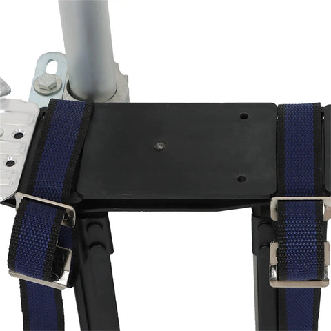 Close-up of adjustable drywall stilts' sturdy straps and heel plates, featuring lightweight aluminum build and anti-slip rubber soles.
