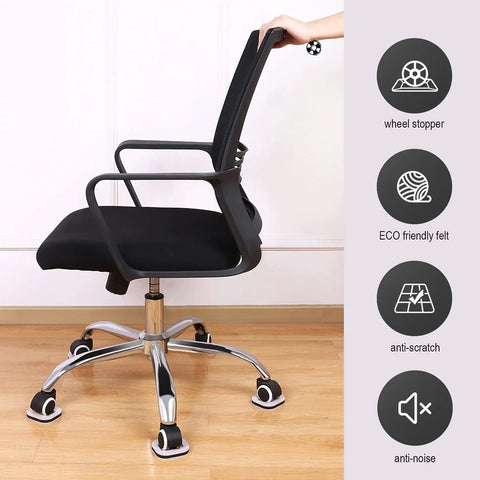 Office chair with 4 Pack Caster Cups With Felt Pads For Furniture Protection on hardwood floor, showcasing anti-scratch and eco-friendly features.