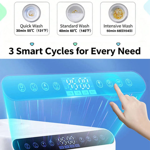 Compact Countertop Portable Dishwasher With 5L Built In Tank And Fast Air Dry, Triple Wash Cycles display with cycle options.