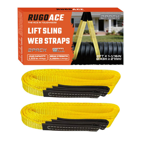 Two Pack 1 Inch By 8 Foot Lift Slings With Wear Guard Ends In Heavy Duty Polyester, 4000 Lbs Breaking Strength