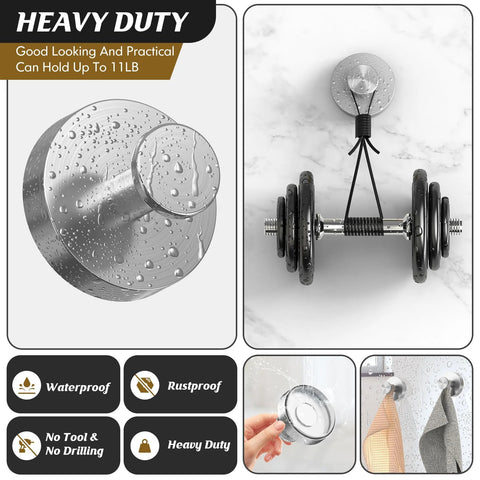 Removable Suction Cup Hooks For Shower And Bathroom Wall showing stainless steel design holding weight, close-up of hook with water droplets