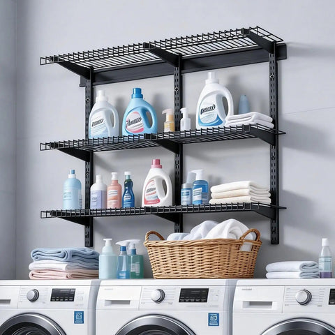 Sturdy 3 Tier Wall Garage Shelving Unit For Heavy Duty Storage, 1x3 Ft Steel Wall Mounted Shelves With 11x36 Inch Per Shelf And 450 Lbs Total Capacity, Black Durable Floating Metal Rack For Tools Bins And Garage Organization, wall-mounted above washer