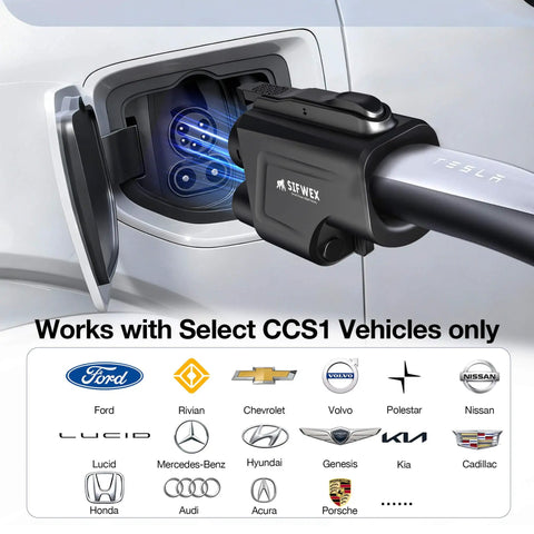 Heavy Duty Nacs To Ccs1 Ev Charging Adapter For Tesla Supercharger Network 250Kw Fast Charge Up To 500Amp plugged into a CCS1 vehicle.