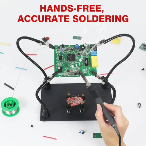 Adjustable Soldering Helping Hands with Four Magnetized Pillars and Flexible Arms on Steel Base in use for PCB assembly.