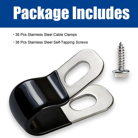 36Pcs One Quarter Inch 304 Stainless Steel Rubber Coated Insulated Cable Clamps with Self Tapping Screws close-up
