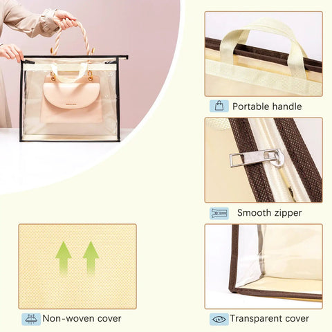 Clear Purse Storage Bags 8 Pack Hanging Zipper Organizers For Handbags And Purses 4 Size Set with handle and zipper details