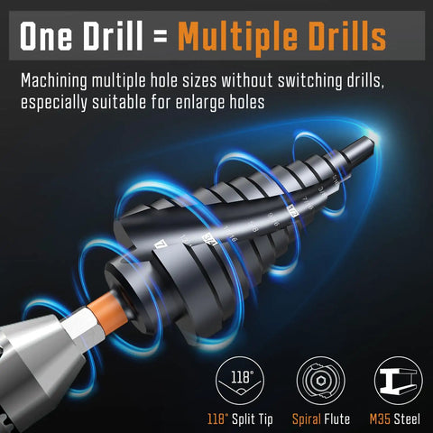Illustration of a Three Piece Unibit Step Drill Bit Set Built For Beastly Durability M35 Cobalt TiAlN Coated Spiral Cone Bits
