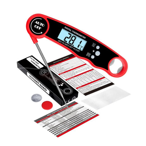 Heat Resistant BBQ Grilling Gloves For Men And Women Up To 1472F With Meat Thermometer Probe Auto Off packaging and probe