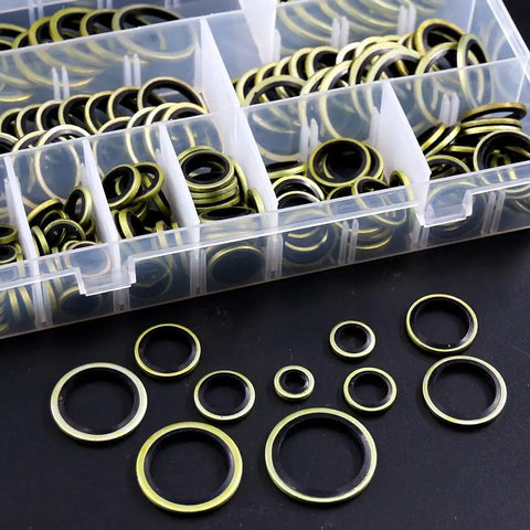 Heavy Duty Dowty Bonded Seal Washer Set For Metric M6 To M24 180-Piece Oil Seal Washer Assortment Kit in box with various sizes displayed