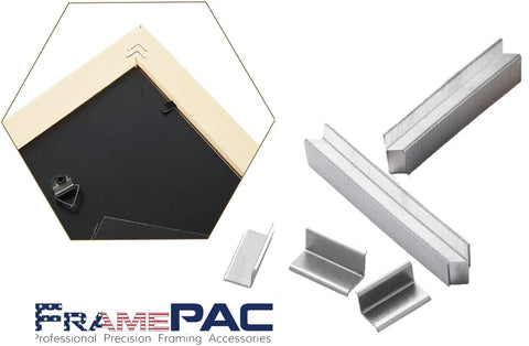 Heavy Duty V Nails For Hardwood Picture Frames And Tight Corner Wedges To Secure Your Woodwork Featuring Built Like A Tank Engineering That Delivers Seriously Sharp Joints Zero Headaches Any Day Of The Week near a wooden frame with steel wedges.