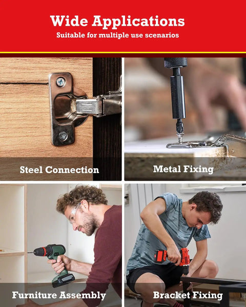 Wide applications of Shop Tough Assorted Self Tapping Screws For Metal Sheets And Wood Construction, shown during steel and bracket fixing.