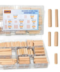 Assortment of Eight Size Fluted Wooden Dowels 225 Pieces for furniture making with visible sizes in storage case.