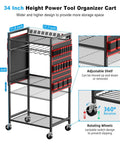 Power Tool Organizer Cart With Charging Station On Wheels Eight Outlet Power Strip Built In Battery Storage Garage Floor Rolling Rack Heavy Duty Metal Utility Cart Red, showing adjustable shelves and wheels