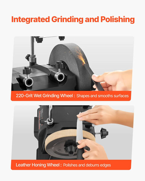 Shop Grade 8 Inch Wet Stone Grinder with 220-grit wet grinding wheel and leather honing wheel for sharpening tools.