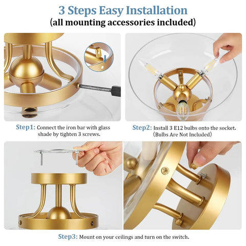 Gold 3 Light Semi Flush Mount Ceiling Light With Drum Glass Shade For Living Room Kitchen Bedroom Hallway Bathroom Laundry E12 Socket Bulbs Not Included installation steps