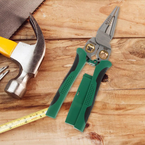 Rock Solid Multi Function Wire Strippers With Voltage Tester And Cutters slick non-slip grip heavy duty stainless steel electrician pliers on wood surface.