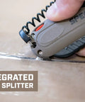 Self Retracting Box Cutter With Radius Tip Blade And Adjustable Depth, Dual Edge Guides For Quick Top Cuts, Includes Holster And Lanyard, Workhorse Ergonomic Safety Knife For Warehouse Cardboard Cutting, Built In Spare Blade Storage on taped cardboard