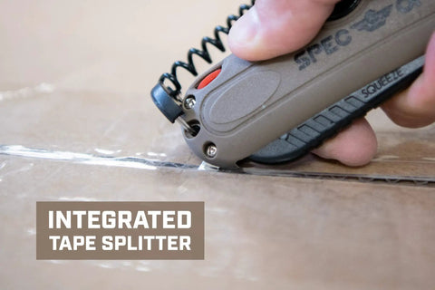 Self Retracting Box Cutter With Radius Tip Blade And Adjustable Depth, Dual Edge Guides For Quick Top Cuts, Includes Holster And Lanyard, Workhorse Ergonomic Safety Knife For Warehouse Cardboard Cutting, Built In Spare Blade Storage on taped cardboard