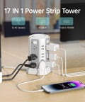 Surge Protector Power Strip Tower with PD18W USB C Port 10 ft extension cord, 12 AC outlets, 5 USB ports on desk.