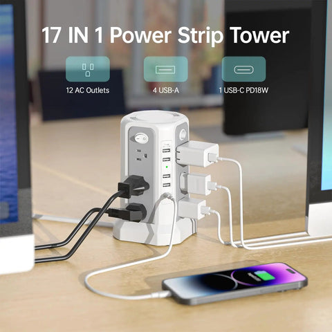 Surge Protector Power Strip Tower with PD18W USB C Port 10 ft extension cord, 12 AC outlets, 5 USB ports on desk.
