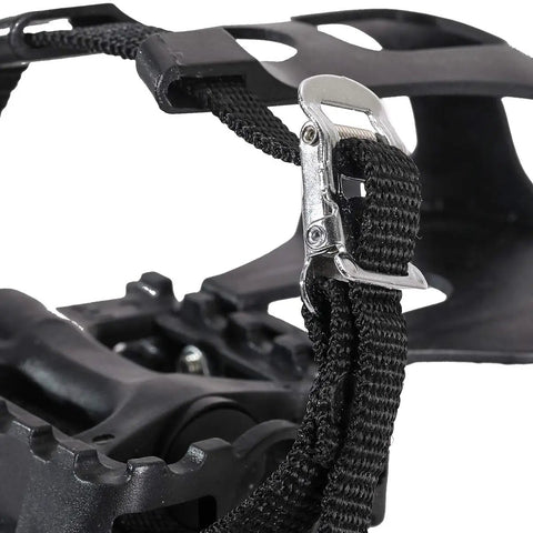Close-up of 9/16 Inch Bike Pedals With Toe Clips And Straps For Mountain, Road And Exercise Bikes, Durable PP Plastic Pedals, 1 Pair