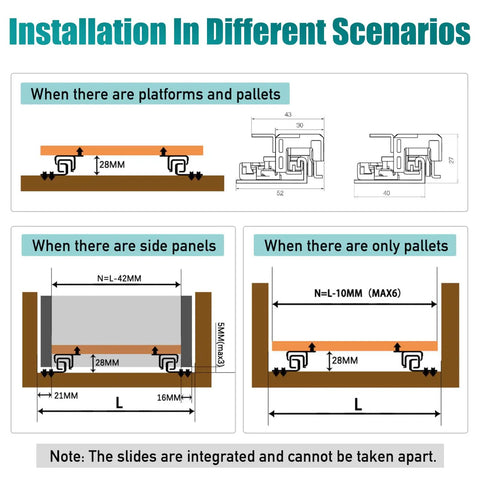 Installation guide for Heavy Duty Undermount Drawer Slide Bottom Mount Shelf Rail Kit showing different scenarios.