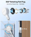 Exploded view of 360° Rotating Flat Plug Power Strip with 5 Foot Cord showcasing design for tight spaces. Compact 360 Rotating Flat Plug Power Strip With 5 Foot Cord, Four Widely Spaced Outlets, Heavy Duty Surge Guard, Wall Mountable Slim Body That Crushes Wire Clutter, Perfect For Tight Squeezes And Dorm Digs, Matte White.