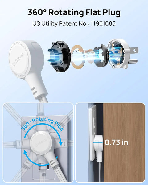 Exploded view of 360° Rotating Flat Plug Power Strip with 5 Foot Cord showcasing design for tight spaces. Compact 360 Rotating Flat Plug Power Strip With 5 Foot Cord, Four Widely Spaced Outlets, Heavy Duty Surge Guard, Wall Mountable Slim Body That Crushes Wire Clutter, Perfect For Tight Squeezes And Dorm Digs, Matte White.