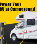 Heavy Duty 50 Amp Y Splitter Adapter Cord For Rv And Ev Charging Nema 14 50P connected to RV at campground.