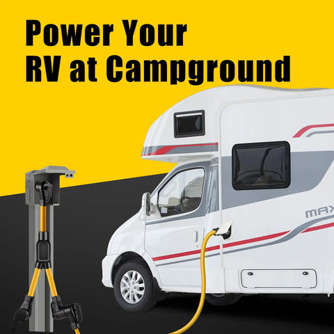 Heavy Duty 50 Amp Y Splitter Adapter Cord For Rv And Ev Charging Nema 14 50P connected to RV at campground.