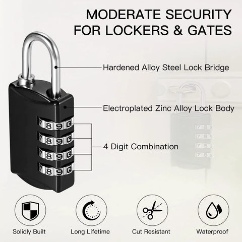 Image showing 4-digit combination lock labeled for security, featuring hardened steel lock bridge, fits keywords: 10 Pack 4 Digit Combination Locks For Luggage Travel Gym Toolbox Locker And Suitcases Waterproof Padlocks With 10,000 Codes Durable Steel Shackle Great For Home Office Travel Storage