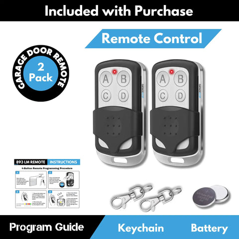 Two Pack Universal Garage Door Remote Keychain For 893LM 893Max 1993 To Present with instruction manual, keychains, batteries