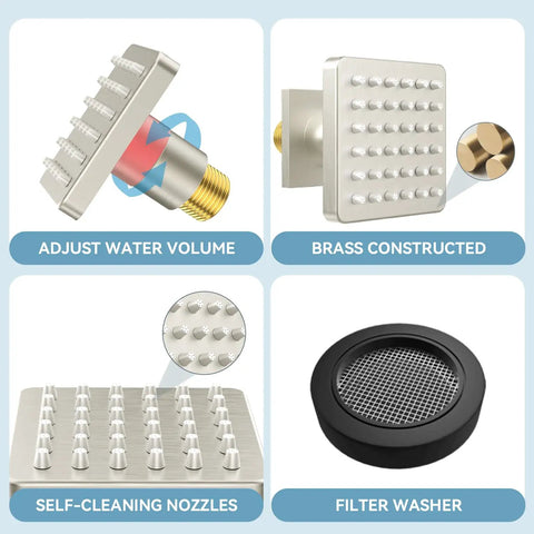 Square Brass Shower Body Spray Jets 2.63 Inch Square Shower Head With 24 Nozzles Hydro Massage Spa Jets Wall Mount NPT 1/2 Inch Brushed Nickel Finish High Volume Spa Shower For Muscle Relief with water volume adjust, brass construction, self-cleaning nozzles, and filter washer.