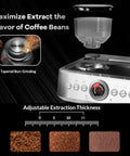 Semi Automatic Espresso Machine With Built In Grinder And Fast Milk Frother For Authentic Cappuccino Latte Coffee No Fuss Daily Grind showing burr grinding and adjustable extraction thickness.