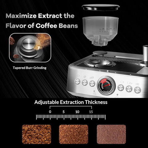 Semi Automatic Espresso Machine With Built In Grinder And Fast Milk Frother For Authentic Cappuccino Latte Coffee No Fuss Daily Grind showing burr grinding and adjustable extraction thickness.