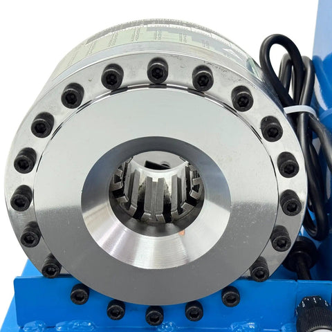 Close-up of Heavy Duty Electric Hose Crimper 110V Hydraulic Tube Shrinker Machine showing precision jaws and mounting features.