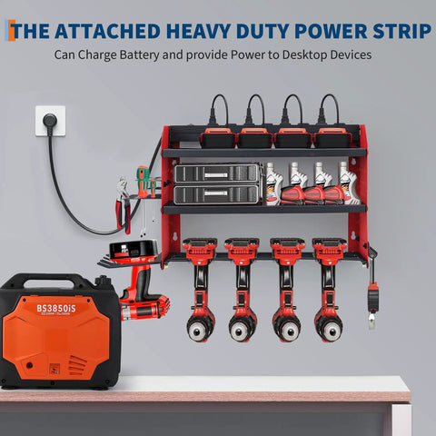 Heavy Duty Tool Organizer Wall Mount With Charging Station For Garage Three Layer Storage Rack displayed with tools