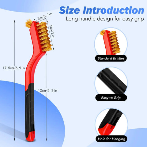 Wire Brush Set 3 Piece Stainless Steel Brass Nylon Brushes With Curved Handle, red handle with dimensions and features displayed