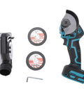 No Nonsense Professional Grade Compact Cordless Mini Circular Saw Featuring 3 Inch Razor Sharp Blade and Integrated Dust Collection Shroud and accessories.