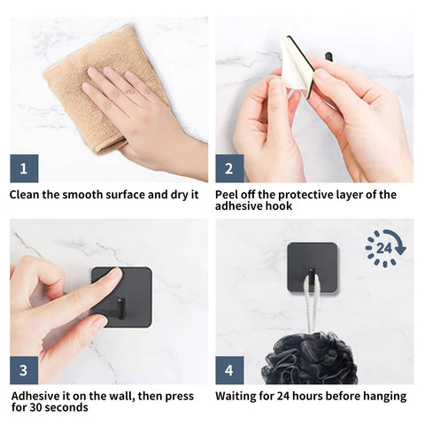 Installation steps for No Drill Stainless Steel Adhesive Hooks Waterproof Shower Hooks, showing adhesive application and wait time.