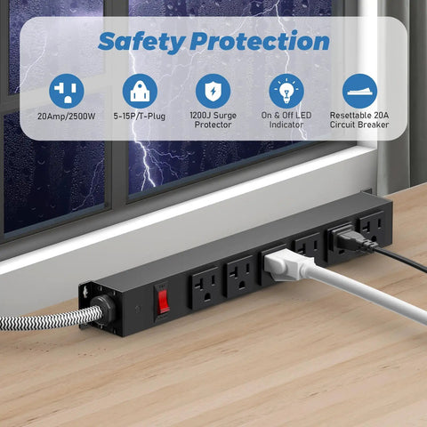 Heavy Duty Power Strip With 20 Amp Surge Protector 1200J, Wall Mountable showing LED indicator and multiple outlets in use
