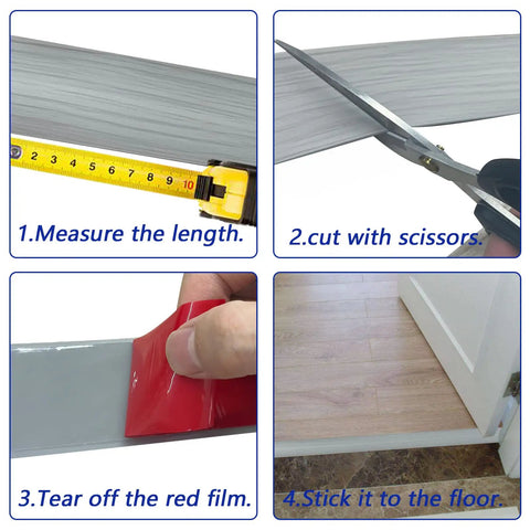 Step-by-step application of Peel And Stick Self Adhesive Vinyl Floor Transition Strip 20 Feet Long Rubber Door Edge Trim with Woodgrain Grey Finish.