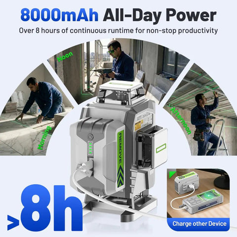 Self Leveling 360 Degree Green Cross Line Laser Level With Receiver For Outdoor Use Up To 660 Feet 4x360 Degree Coverage Rechargeable Laser Level Tool For Construction And DIY Projects, 8000mAh battery